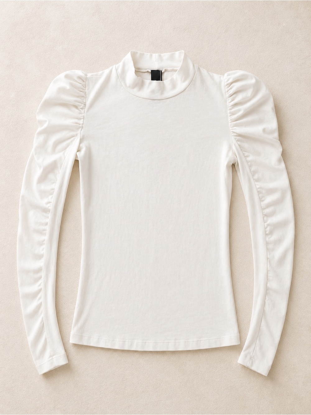 Bobbi Los Angeles White Puff-Sleeve Mock Neck Long Sleeve Top / Bubbled Sleeved